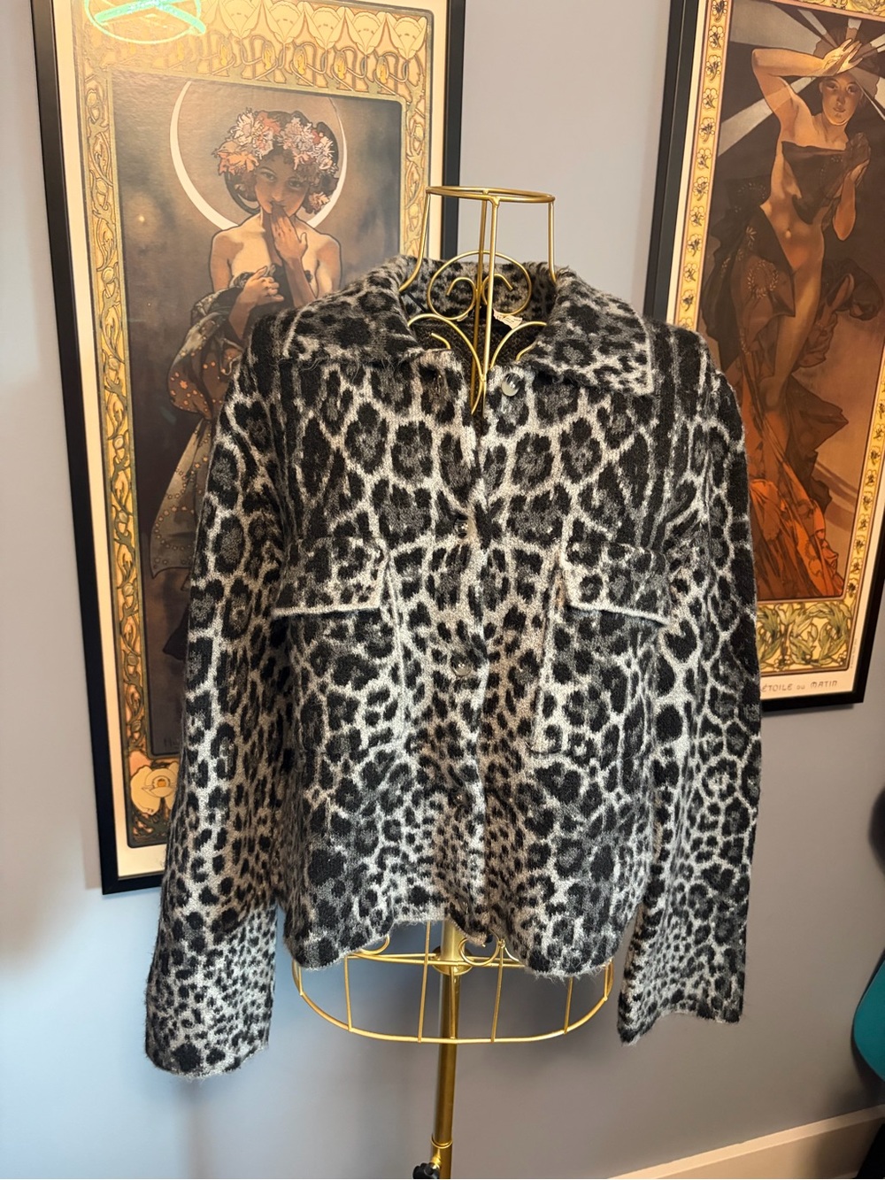 Zara Leopard Print Teddy Jacket in Black & White
